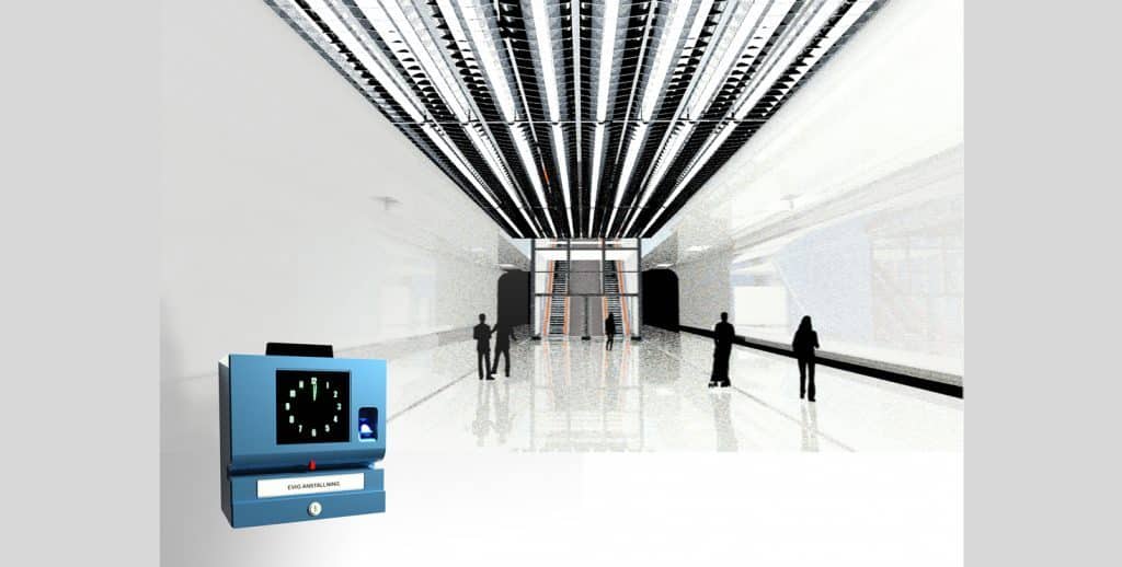 Large open futuristic-looking indoor space with time clock