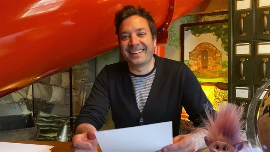 Jimmy Fallon performing his show from his basement during the Covid pandemic